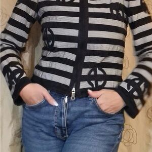 Giorgio Armani Suede and Ribbon Striped Black and Gray Zip-Up Jacket Sz 6 IT 42